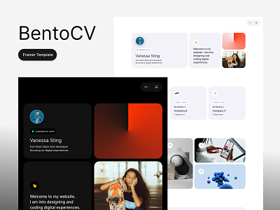 Bento CV Framer Template bento bentocv cards curriculum vitae cv download education emoji framer gradient jobs layout links positions resume template tiles ui ux website