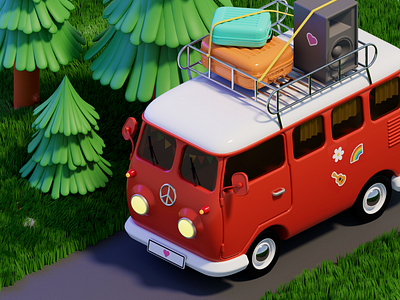 Happy bus 3d bus cinema 4d forest graphic design grass hippy illustration travel trip volkswagen