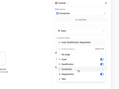 Attio – Stage / Status picker attio cards clean configuration crm indicator dots input intuitive popover radio buttons reporting selectors sidebar ui stage selector stages status picker ui user centered ux