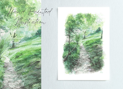 Watercolor Mountain Pathway countryside fine art greenery home decor illustration landscape nature painting panorama rural scenery traditional art wall art watercolor