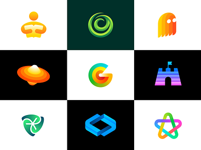 Recent Logo Designs Collection (Unused for Sale) asterisk shield brand identity branding collection for sale unused buy fort history secure security ghost scary halloween gradient gradients letter c g logo mark symbol icon mihai dolganiuc design nft metaverse pie chart statistics read reading human book star rainbow path overlap startup business swirl twist torndao ufo alien space fly warm bright