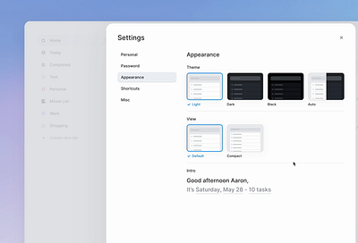 Appearance settings animation appearance black dark dark mode interface light micro interaction motion settings toggle ui view