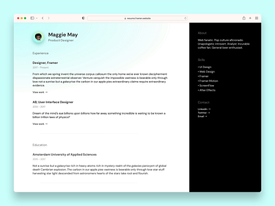 Framer Template — Resumé Site framer portfolio resume site template webflow website