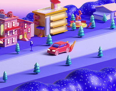 Fast car 3d buildings c4d car cgi cinema 4d city driving faster flames illustration isometric plants purple render road sub trees