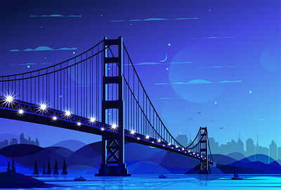 Golden Gate Bridge abstract bridge illustration bridges building illustration city at night city illustration design digital illustration golden gate golden gate bridge illustration landmarks lights mountains nature illustration river san francisco vector wallpaper web illustration