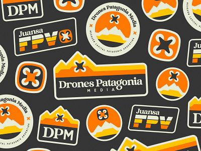 Drones Patagonia Media badge branding drone fpv icons illustration logo media mountain patagonia retro sticker sunset vintage