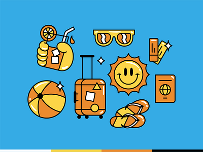 Summer time bag ball branding coctail design drink fly graphic design hot icon set illustration logo passport retro smile summer sun sunglass ticket travel