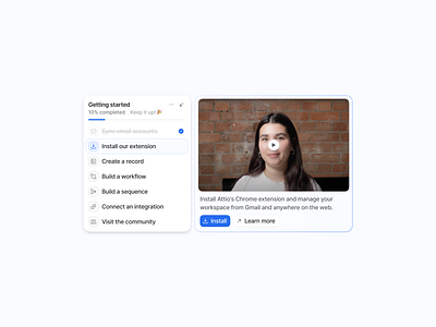 Getting started button card check complete getting started icon install learn more modal play popover progress select video