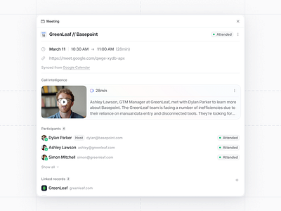 Attio – Call Intelligence meeting modal attio call intelligence call recording card crm embedded light meeting mimir minimal modal participants recording sleek ui ux