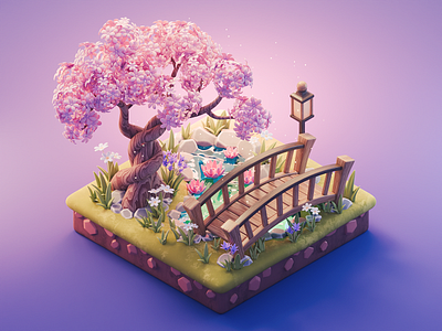 Spring Pond 3d blender diorama flowers illustration isometric render spring