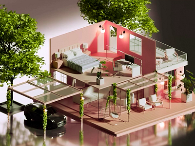 Ethereal Eco-Retreat - House Interior 3d 3d modeling 3d rendering bedroom car chic colorful creative digital art eco futuristic design greenery house interior interior design living room modern modern house nature trees