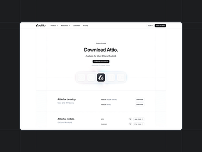 Attio download page ai branding crm desktop app digital product gradient grid hero icon illustration landing page minimal saas software swiss tech typography web design website design