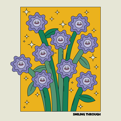 Purple Flowers character design colorful art digital illustration feel good floral illustration happy art illustration playful design positive vibes poster art retro vibes smiley face vector art whimsical art