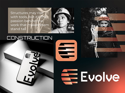 Evolve Construction, architecture logo architecture architecture logo brand identity branding builder logo building logo construction construction firm logo construction logo construction logo with letter e engineering logo illustration letter e logo minimalist construction logo printing property development logo real estate logo roofing company logo tech logo