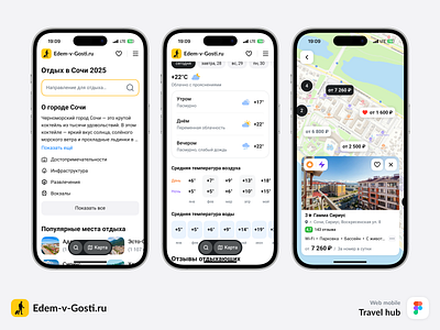 Sochi Travel Hub 2025 — Mobile Web Guide attractions booking figma hotel location maps maps view mobile mobile design tourism travel ui ui design x uiux ux ux design weather web mobile website в
