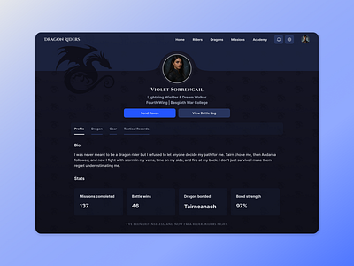 Fantasy User Profile characterprofile dailyui dragons fantasy fourth wing stitch user profil
