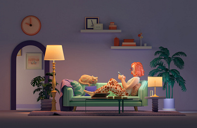 Livingroom girl 3d c4d carpet cat cgi cinema 4d clock coach door illustration lamp lifestyle livingroom octane plant purple render room soft lighting woman