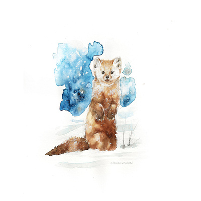 Pine Marten animal animal illustration children illustration hand painted illustration nature nature painting nursery art pine marten snow traditional art watercolor watercolor animal watercolor collection watercolor illustration watercolor painting wildlife
