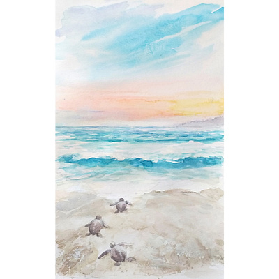 Towards the Sea animal children illustration handmade illustration illustration kids room landscape marine illustration nature nature illustration nursery art ocean ocean waves pastel colors sea turtle sea wall art sunrise traditional art watercolor watercolor painting watercolor wall art
