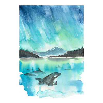 "Northern Lights" animal animal art animal illustration art print aurora borealis children illustration elegant fine art illustration nature night north pole northern lights orcas poster traditional art wallpaper watercolor watercolor animal watercolor painting